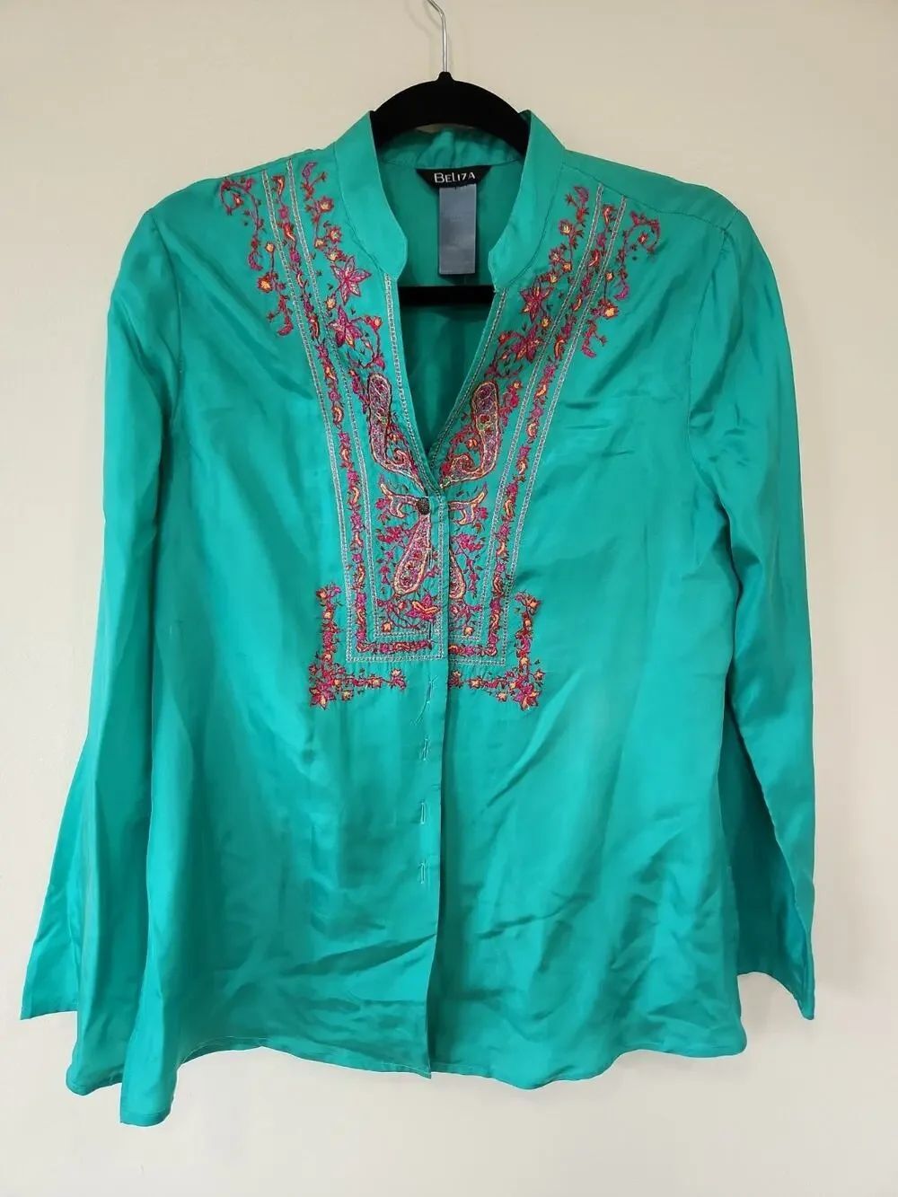 BeLiza Made In India Women's 100% Silk Embroidered Blouse Size 8 Teal Boho